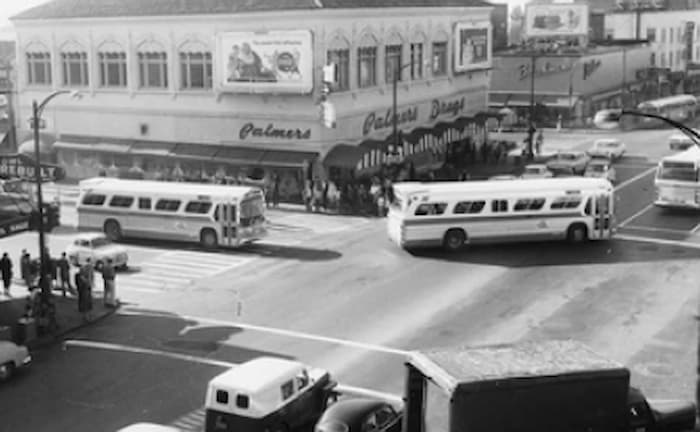1960 Photograph of streets with buses 